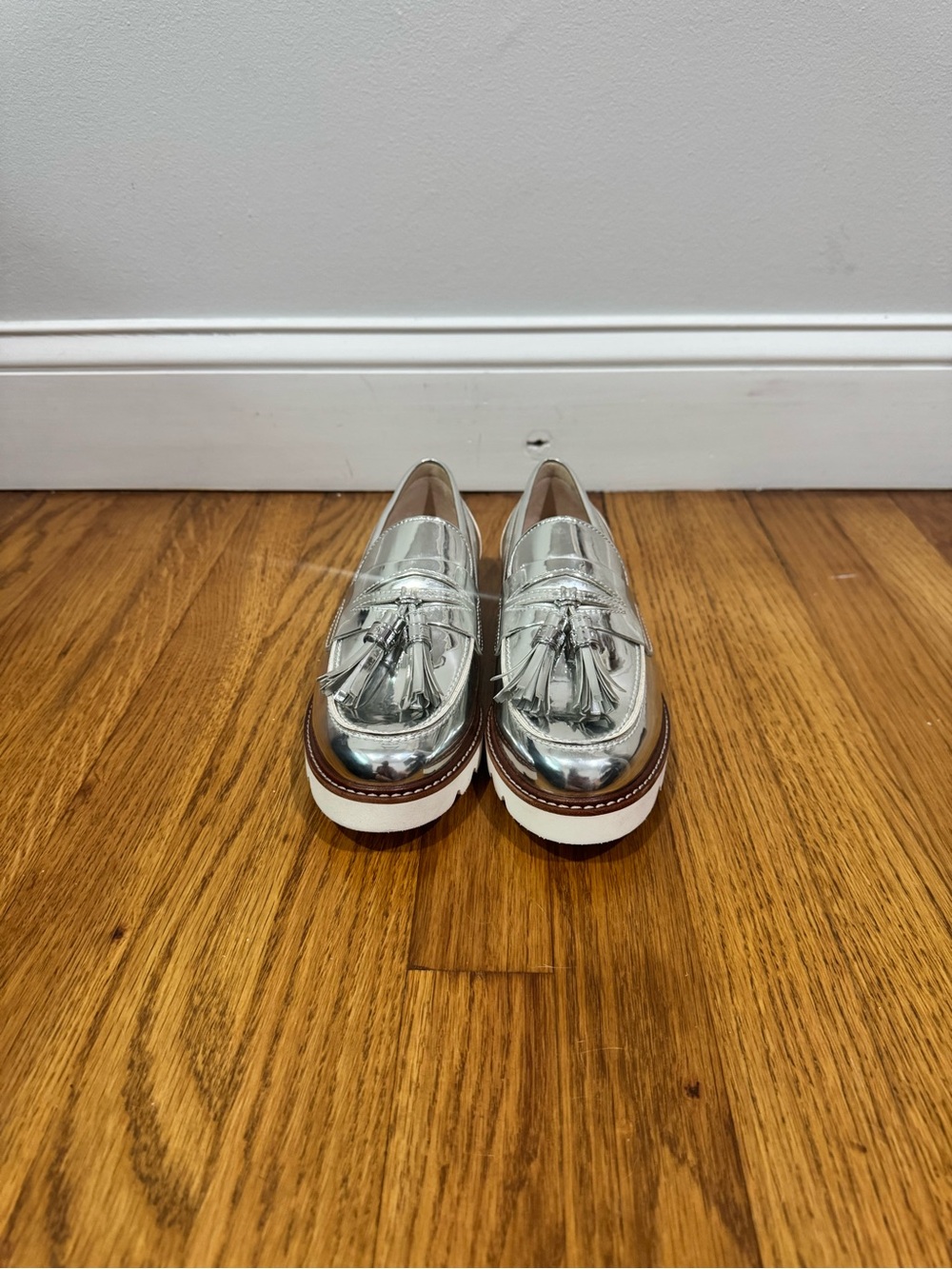 Silver Metallic Tassel Loafers for Women